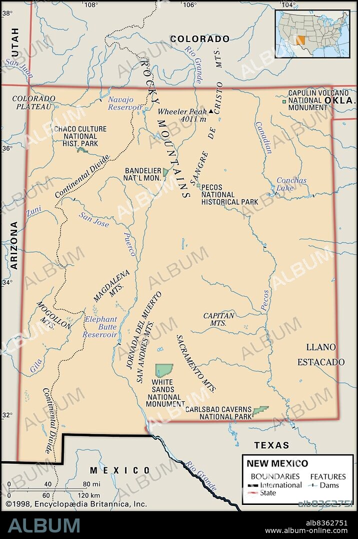 Physical map of New Mexico.
