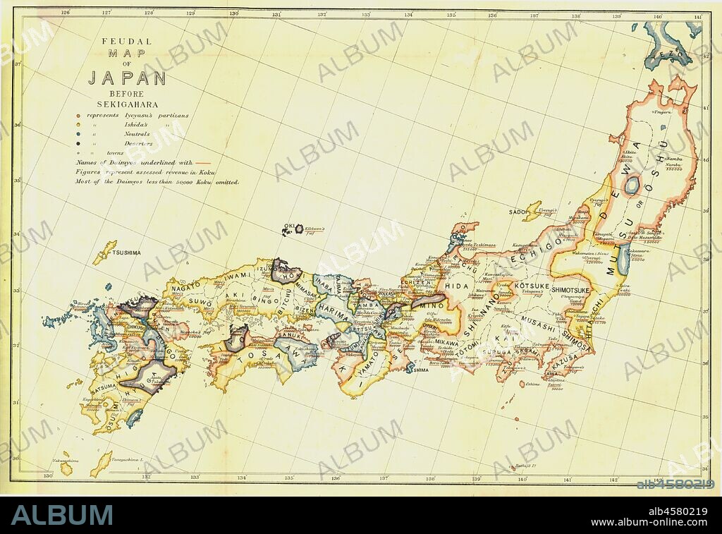 Feudal Map of Japan before Sekigahara', 1903. The feudal period of Japanese  history was a time when powerful families (daimyo) and  military warlords (shogun) ruled Japan. The Azuchi-Momoyama period began in 1568 with political unification of warlords Toyotomi Hideyoshi and Oda Nobunaga and ended in 1600 following the Battle of Sekigahara. From 'A History of Japan during the century of early foreign intercourse' (1542-1651) by James Murdoch, M.A. and Isoh Yamagata. [Kobe, Japan, 1903].