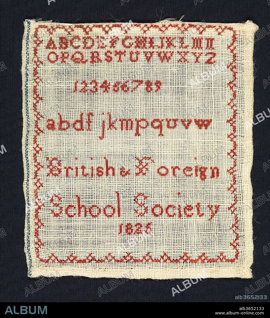Sampler made at the British and Foreign School Society. Culture: British. Dimensions: H. 3 7/8 x W. 3 1/2 inches (9.8 x 8.9 cm). Date: 1825.
This small sampler worked with the alphabet in upper and lower case, as well as number 1 through 9, represents the tenth lesson in the "Manual of the System of Teaching Needlework in the Elementary Schools of The British and Foreign School Society," published in 1821. This educational society was founded by Quaker Joseph Lancaster (1778-1838) out of concern for the lack of educational opportunities available to poorer children, particularly those whose families not members of the Church of England. Small samplers such as this are preserved in these manuals, and were also made into objects such as pincushions that were sold to raise funds for the school. A complete example of this manual, dating from 1821, is also preserved in the Museum's collection (accession number 43.63).