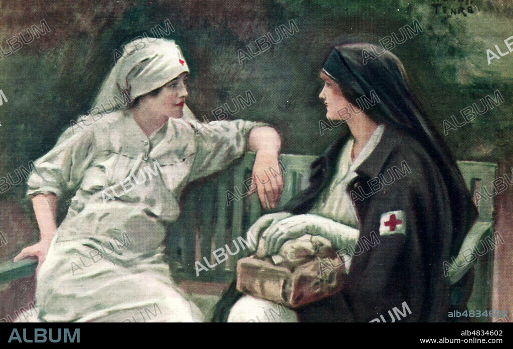 Merveilleux contraste entre la tenue blanche immaculee des hopitaux et la sombre tenue de sortie de ces « Soeurs laïques » réalisees de la main de l'artiste peintre Henry Tenre (1854-1926). Credit Collection F. PINEAU/KHARBINE TAPABOR.