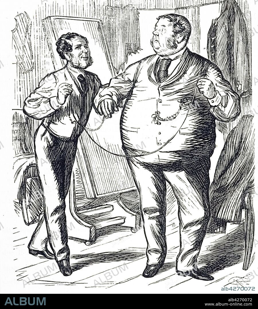An engraving depicting a portly gentleman at the tailor. Dated 19th century.
