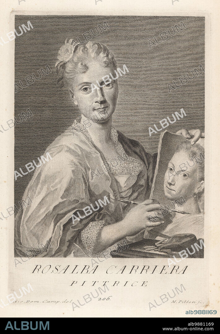 Rosalba Carriera, Venetian Rococo painter of portrait miniatures and pastel portraits, 1673-1757. Holding a double-ended chalk holder and self-portrait in pastels. Pittrice. Copperplate engraving by Pietro Antonio Pazzi after Giovanni Domenico Campiglia after a self portrait by the artist from Francesco Moucke's Museo Florentino (Museum Florentinum), Serie di Ritratti de Pittori (Series of Portraits of Painters) stamperia Mouckiana, Florence, 1752-62.