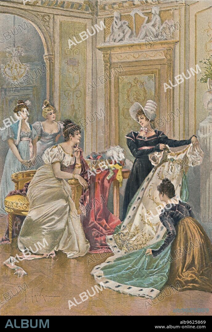 'A Favorite Occupation of Josephine', 1896. Joséphine de Beauharnais (1763-1814) was the first wife of Napoleon I, and first Empress of the French. Later depiction of Josephine looking at clothes. Typogravure after the aquarelle by E Grivaz. From Life of Napoleon Bonaparte, Volume II, by William Milligan Sloane. [The Century Co., Macmillan & Co., Limited, New York & London, 1896].