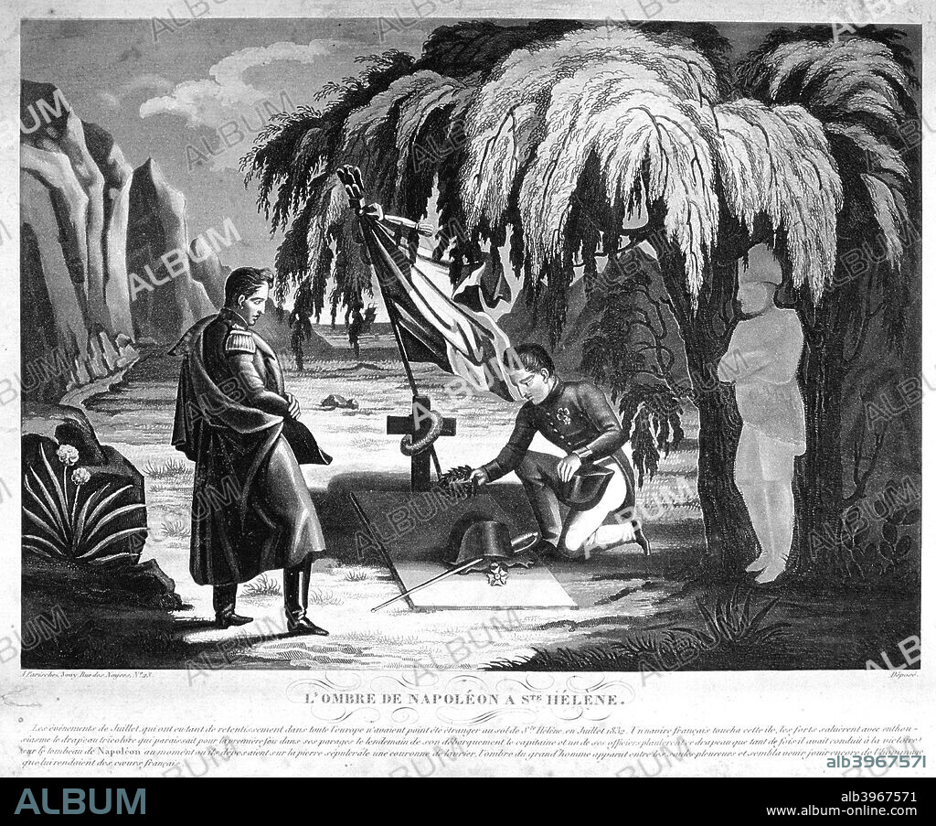 'The Ghost of Napoleon on St Helena', c1825. Allegorical print of Napoleon's tomb on St Helena, with the figure of Napoleon watching as a laurel wreath is laid on the stone. Napoleon Bonaparte (Napoleon I) (1769-1821), Emperor of France 1804-1815. After his defeat at Waterloo in 1815 and his subsequent surrender to the British, he was exiled to the island of St Helena where he died and was buried.  His body was later disinterred and taken to France for reburial.