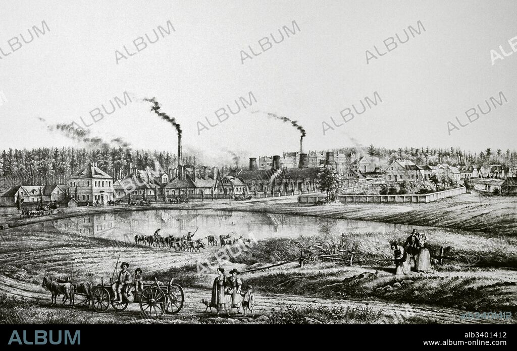 Historia de la minería. Siglo XIX. Alta Silesia. Minas de Hierro Laura. Panorámica de la explotación minera. Siemianowice. Polonia. Grabado.