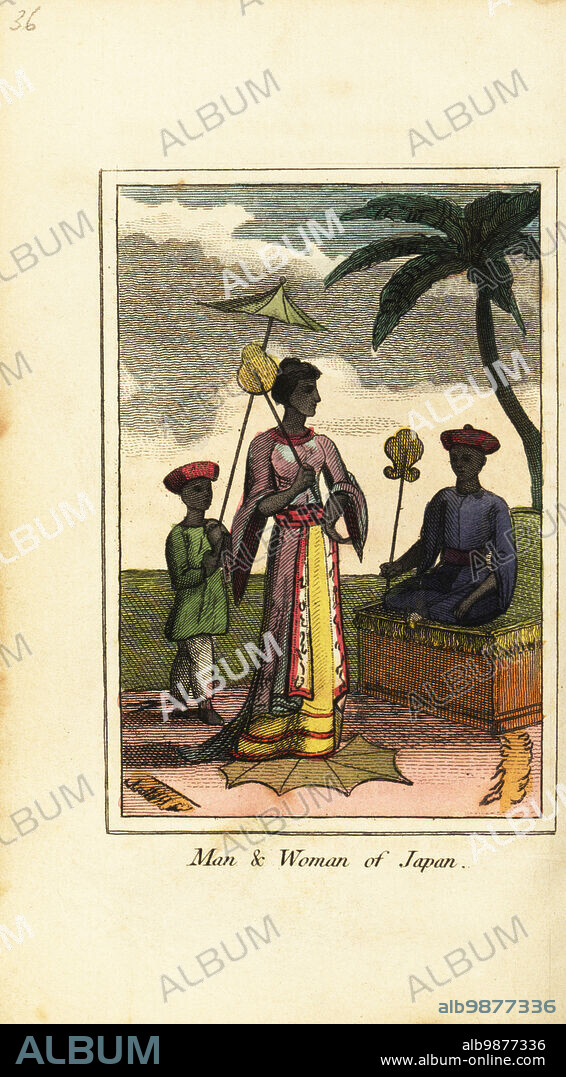 Man and woman of Japan, 1818. The woman dressed in long robes walking under a parasol held by a servant. Handcoloured copperplate engraving from Mary Anne Vennings A Geographical Present being Descriptions of the Principal Countries of the World, Darton, Harvey and Darton, London, 1818. Venning wrote educational books on geography, conchology and mineralogy in the early 19th century.