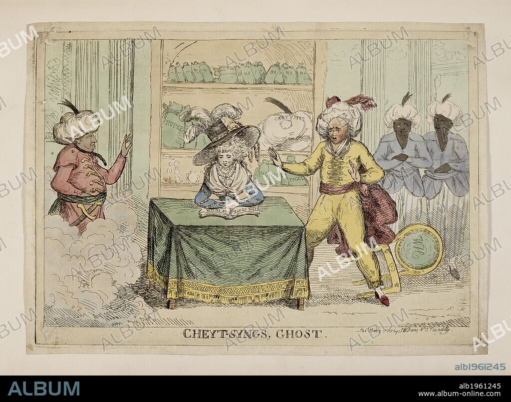Cheyt-Syngs' Ghost. This hand-coloured engraving depicts a woman, possibly Queen Charlotte, reading a book inscribed 'The State of India'. She sits in front of a cupboard stacked with bags of money. Warren Hastings, on the right, stands transfixed in horror at the apparition of Chait Singh, the Raja of Benares, who had rebelled against Hastings' land taxes. The artist, who depicts Chait Singh wearing a noose, appears to have confused him with Nanda Kumar, another key figure in Hastings' impeachment, who had been hanged for forgery in 1775.  Published :1788 . Source: P3329.