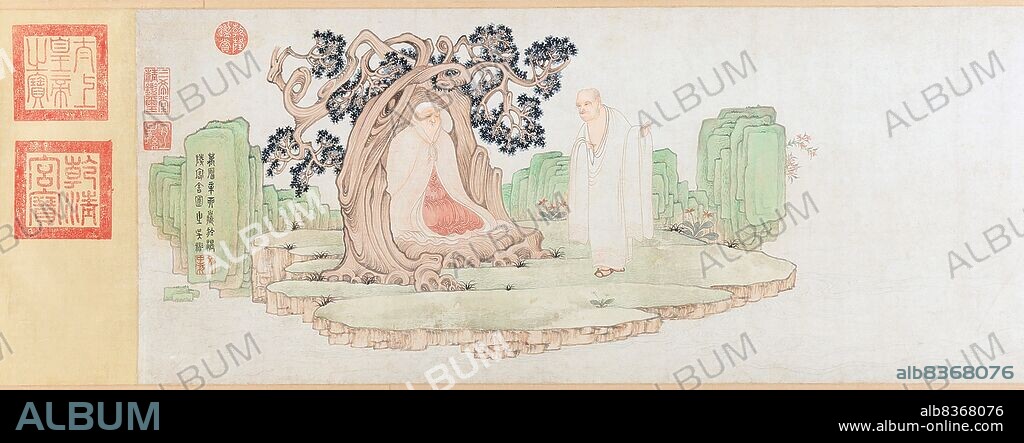 China: 'The Sixteen Luohans'. Detail (1, left) of handscroll painting by Wu Bin (active 1583-1626), 1591.<br/><br/>. Wu Bin (active 1583-1626), nickname Zhiyin Toutuo and social name Wenzhong, was a Chinese painter born in Putian during the Ming Dynasty period, under the reign of the Wanli Emperor. He worked mainly in Nanjing, and was a devout Buddhist, living and working in a Buddhist temple, where he produced hundreds of hanging scrolls depicting arhats and luohans.