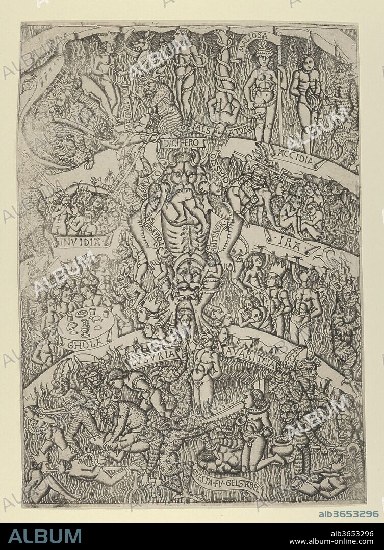 Dante's Inferno'; in the centre Lucifer torturing several damned souls, some of whom are labeled (eg. 'BRUTO, TOLOMEO, ANTENOR, CHASSIO') surrounded by other sinners being tortured by devils, derived from the 'Last Judgement' fresco in the  Campo Santo, Pisa. Artist: Circle of Baccio Baldini (Italian, Florence 1436?-?1487); After Francesco Traini (Italian, active ca. 1321-45); Formerly thought to be after Andrea di Cione (Orcagna) (Italian, Florence 1315/20-1368 Florence). Dimensions: Sheet: 11 13/16 × 8 7/16 in. (30 × 21.5 cm). Date: ca. 1460-80.