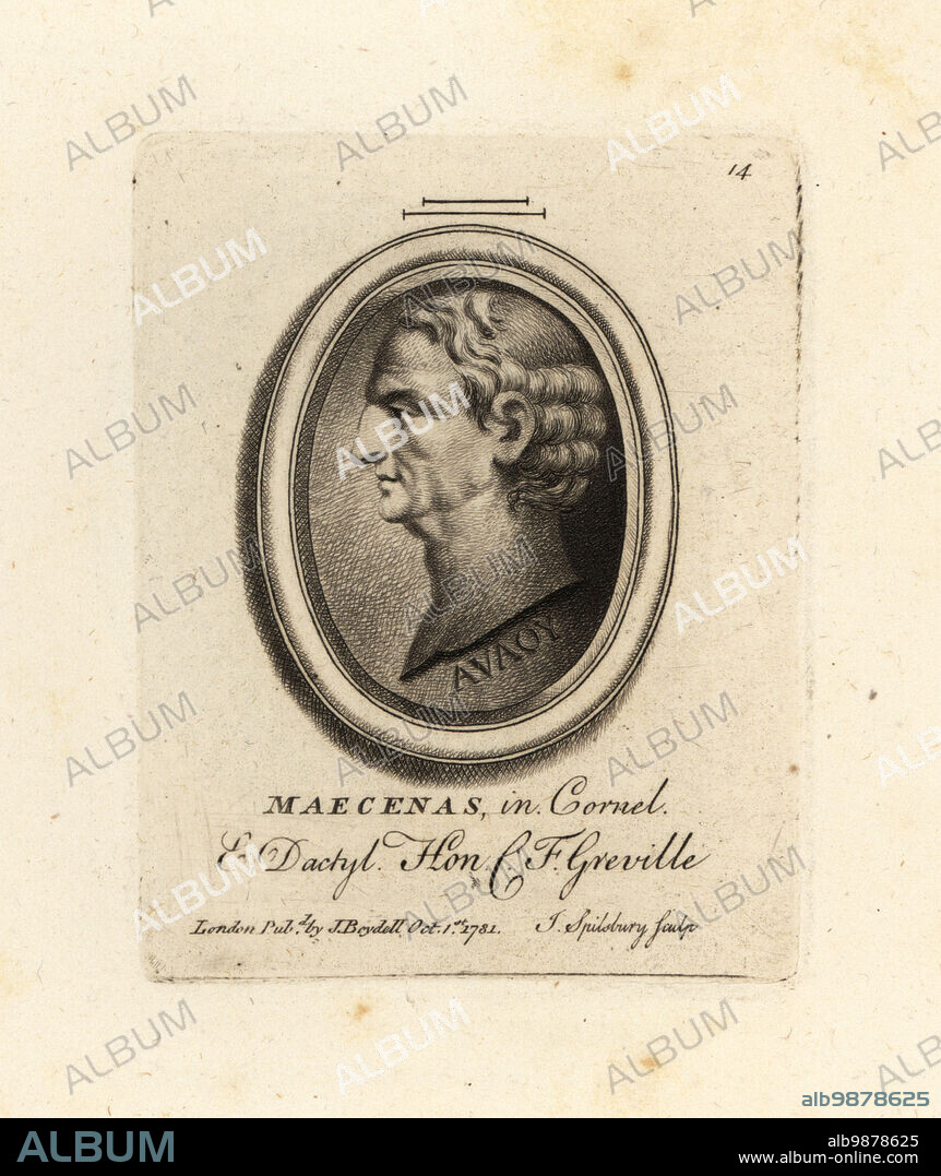 Gaius Cilnius Maecenas c.70 BC 8 BC, friend and political advisor to Octavian, who later reigned as Augustus. Signed by AVAOY in cornelian and dactylotheca. Maecenas in Cornel & Dactyl. From the collection of the antiquarian Charles Francis Greville. Mezzotint copperplate engraving by John Spilsbury from his Collection of Fifty Prints from Antique Gems, John Boydell, London, 1785.