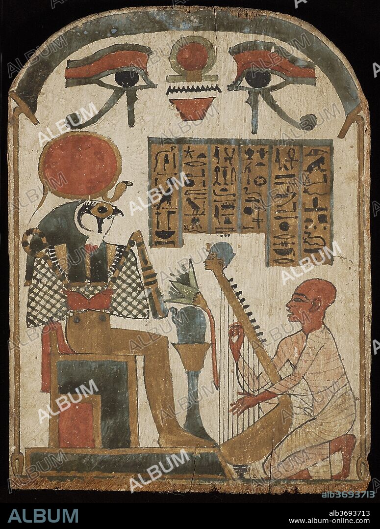 ANCIENT EGYPT. The harpist's stele. Djedkhonsuefankh, High Priest of Amun plays and sings before Ra-Horakhty.