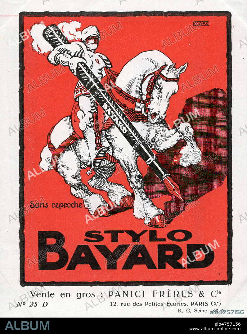 Carte publicitaire de 1925 pour les stylos BAYARD. Illustration par MARC representant le chevalier Bayard se servant d'un stylo plume comme lance. Credit : Collection IM/KHARBINE-TAPABOR.