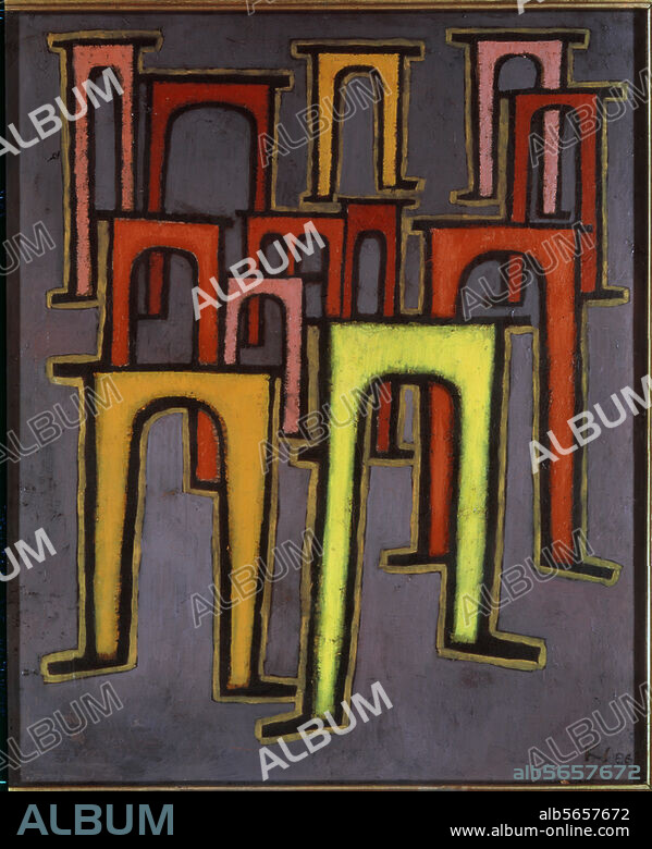 PAUL KLEE. Klee, Paul, 1879-1940, Swiss-German artist. "Revolution des Viadukts" (Revolution of the Viaduct), 1937. Oil on cotton, 60 × 50cm. Hamburg, Kunsthalle.