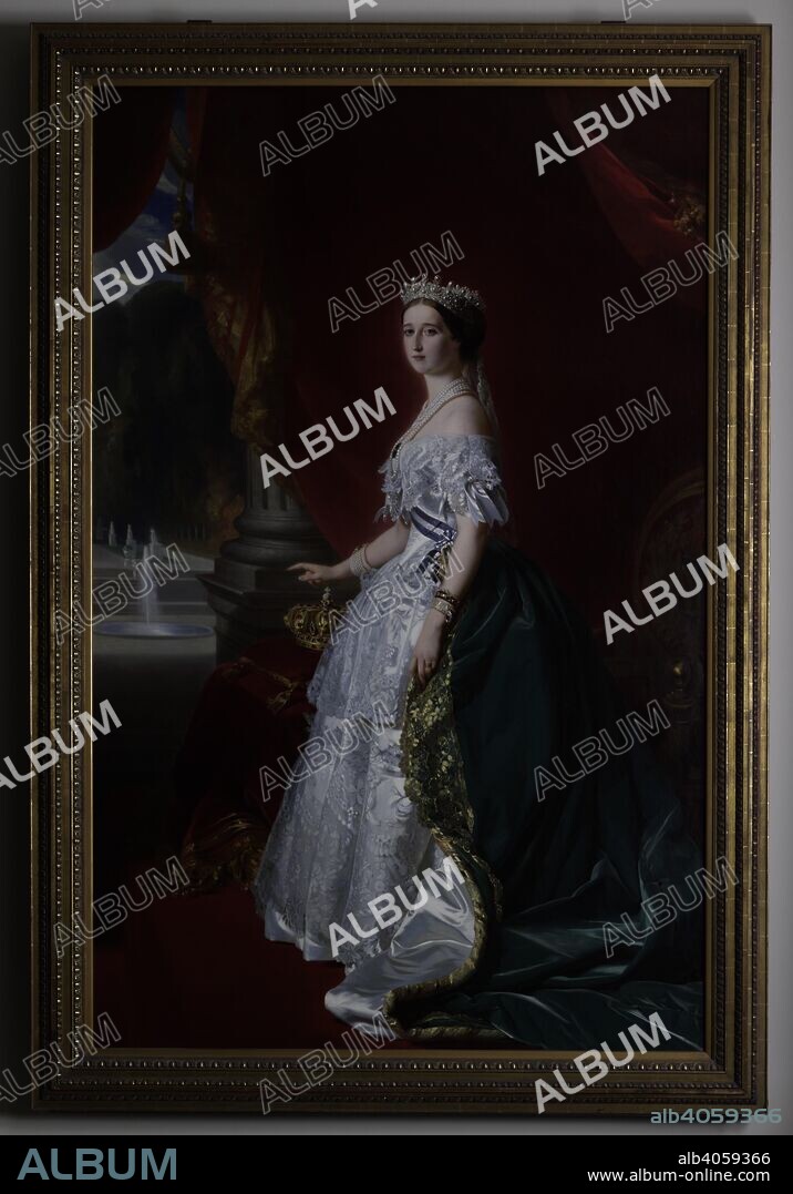 ARMAND GILBERT MELINCOURT-LEFEBVRE. The Empress Eugenie, of France. (1826~1920). Eugenie is in a court dress of white silk trimmed with lace, with a train of green velvet bordered with gold. She wears the black and white ribbon of the order of Malta, the jewel of which is suspended at her side. Upon her head is a coronet, while a crown is placed upon a table by her side. The floor, as in the companion picture, is carpeted in red, while the crimson hangings are drawn aside to show the landscape beyond. 1855. Oil painting. Source: Foster 56.