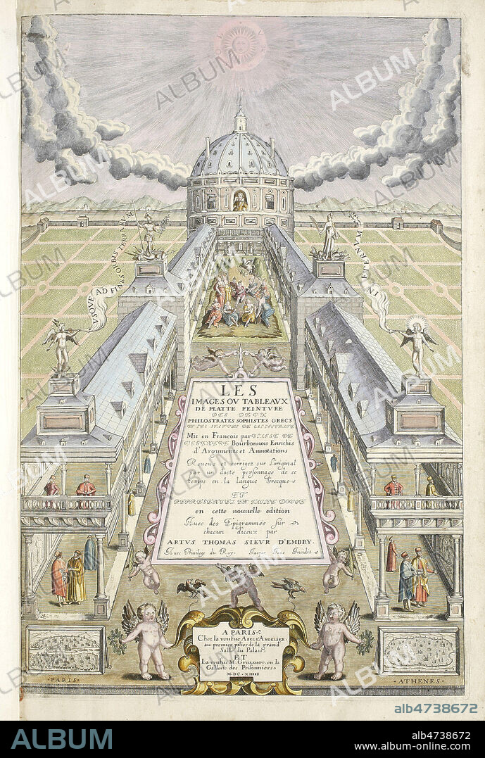 Page de titre de l'ouvrage Images ou Tableaux de platte peinture des deux Philostrates, 1614, mis en francais par Blaise de Vigenere, sous chacune des gravures Thomas ARTUS composa une courte piece en vers. Nombreux sujets mythologiques. Blaise de VIGENERE nomme secretaire d'Ambassade par Charles IX a Rome, entreprent la traduction du grec, de ces ouvrages en rentrant en France, afin d'enseigner aux artistes les regles de la composition, par des descriptions litteraires d'oeuvres d'art reelles ou imaginaires. Un des plus beaux livres illustres du 17eme siecle, a rapprocher d'un recueil d'emblemes. Collection privee. Credit MIGNY/KHARBINE TAPABOR.