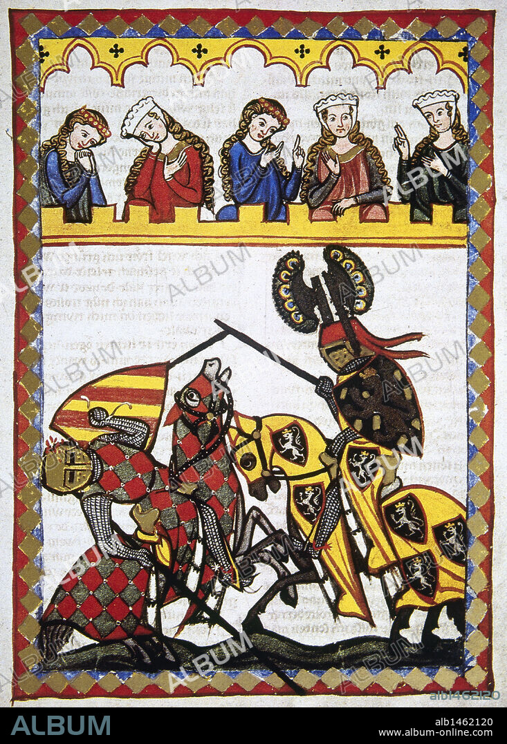 The Thurgau poet Walter von Klingen  (1240-1286), Knight of Rudolf I of Habsburg, defeats another knight in a tournament. Codex Manesse (ca.1300) by Rudiger Manesse and his son Johannes. Miniature. Folio 52r. University of  Heidelberg. Library. Germany.