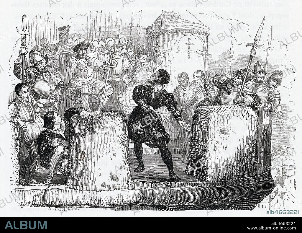 Le Baron des ADRETS (1512-1587) calviniste precipitant le 14 juillet 1562 la garnison sur des piques au bas des tours de Montbrison. Illustration de 1841 pour La Loire historique de Georges TOUCHARD-LAFOSSE (1780-1847). Credit : Collection Jonas/Kharbine-Tapabor.