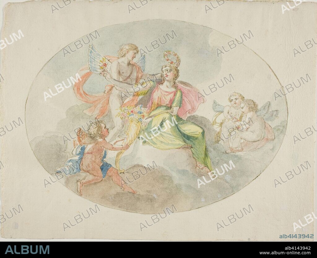 Allegory of Abundance (Sketch for a Ceiling Painting). Attributed to Domenico Pozzi; Italian, 1744-1796. Date: 1764-1796. Dimensions: 233 x 304 mm. Pen and brown ink, with brush and watercolor, over black chalk on ivory laid paper. Origin: Italy.