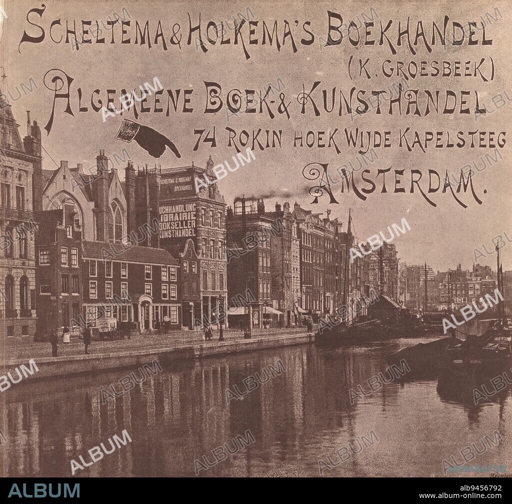 Scheltema & Holkema's Boekhandel, Scheltema & Holkema's Boekhandel (K. Groesbeek) Algemeene Boek- & Kunsthandel 74 Rokin hoek Wijde Kapelsteeg Amsterdam (title on object), View of the Rokin towards Dam Square with Scheltema & Holkema's Boekhandel at number 74, on the corner with Wijde Kapelsteeg. Front cover of a sales catalog., Georg Meisenbach, (mentioned on object), in or after 1885 - in or before 1893, paper, height 273 mm × width 228 mm.