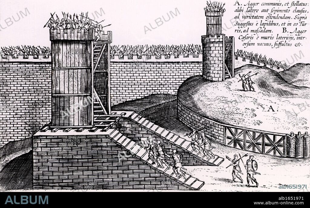Roman siege towers positioned to give attackers the advantage of height above the city walls. From "Poliorceticon sive de machinis tormentis telis" by Justus Lipsius (Joost Lips) (Antwerp, 1605). Engraving. (Photo by: Universal History Archive/UIG via Getty Images).