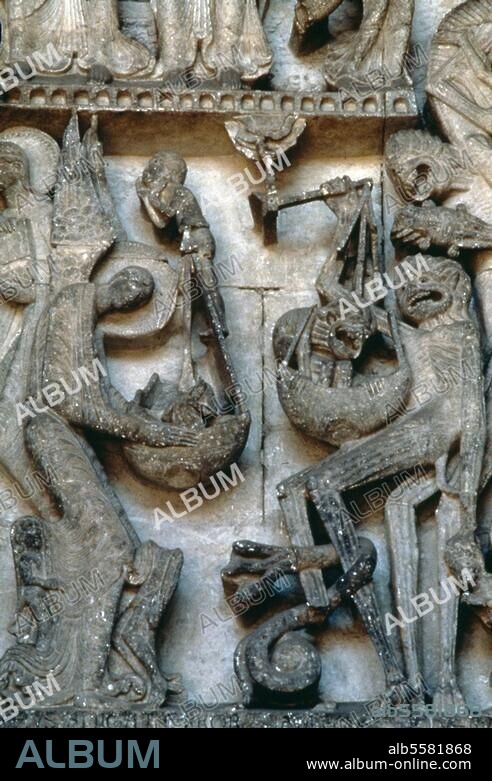Autun (Saône-et-Loire, Frankreich), Kathedrale - Cathédrale Saint-Lazare, Westportal, Tympanon. Jüngstes Gericht, Ausschnitt: Die Seelenwaage. Skulptur, um 1140, von Gislebert von Autun.