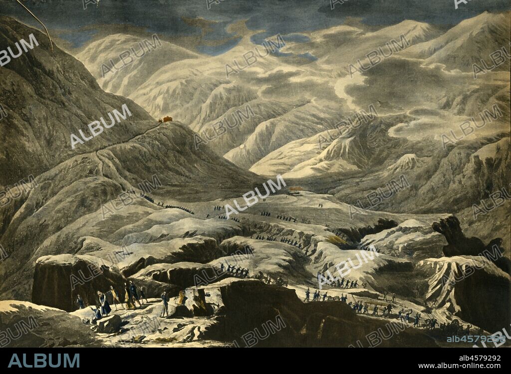 FRANCOIS AUBERTIN. The French army crossing the St Bernard Pass, c1796, (1921). 'Passage du Grand St Bernard par l'Armée Française de Reserve commandée par le G[énér]al en chef Alexandre Berthier sous les ordres de Bonaparte Premier Consul'. On the orders of First Consul Napoleon Bonaparte, Marshal Louis-Alexandre Berthier leads the French army across the Alps into Italy. Engraving made c1800 by Aubertin, after a drawing made on the spot by Gauthier, engineer and geographer. From "Napoleon", by Raymond Guyot. [H. Floury, Paris, 1921].