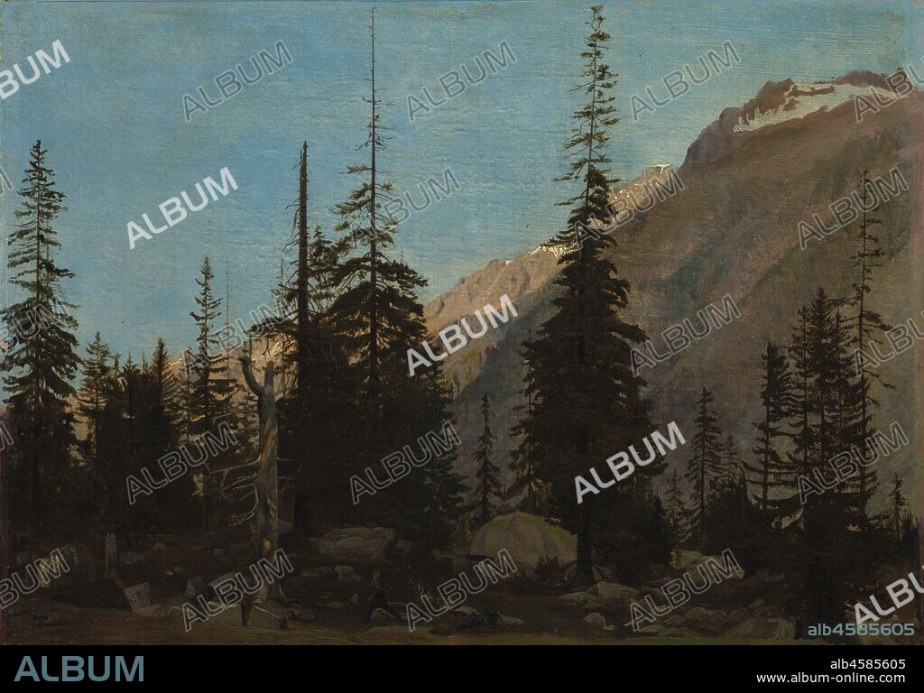 Alpine Landscape: The Handegg, Switzerland, 1850s. This landscape conveys the artist's almost religious appreciation of nature: the tall, almost-black firs, whose tops point toward the sky, occupy the foreground like steeples marking a sacred place. In addition, the immense height of the peaks, especially when compared with the trees in the foreground, suggests the artist's own feeling of awe.  Although this work was painted in France, it depicts the Handegg, a peak in the Swiss Alps just south of Lucerne. The painting describes the experience of the many artists and travelers who journeyed from Northern Europe to Italy during the 19th century. A visit to, or through, the Alps was an essential part of the "Grand Tour," an extended trip to the famous sites and cultural centers of Europe.