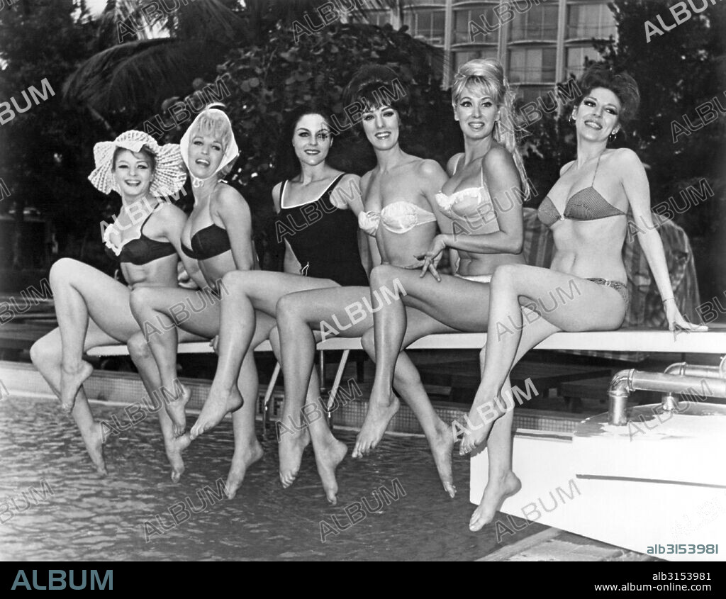 San Juan, Puerto Rico:  c, 1970.  A sextet of Barry Ashton showgirls on the diving board at the Americana Hotel.