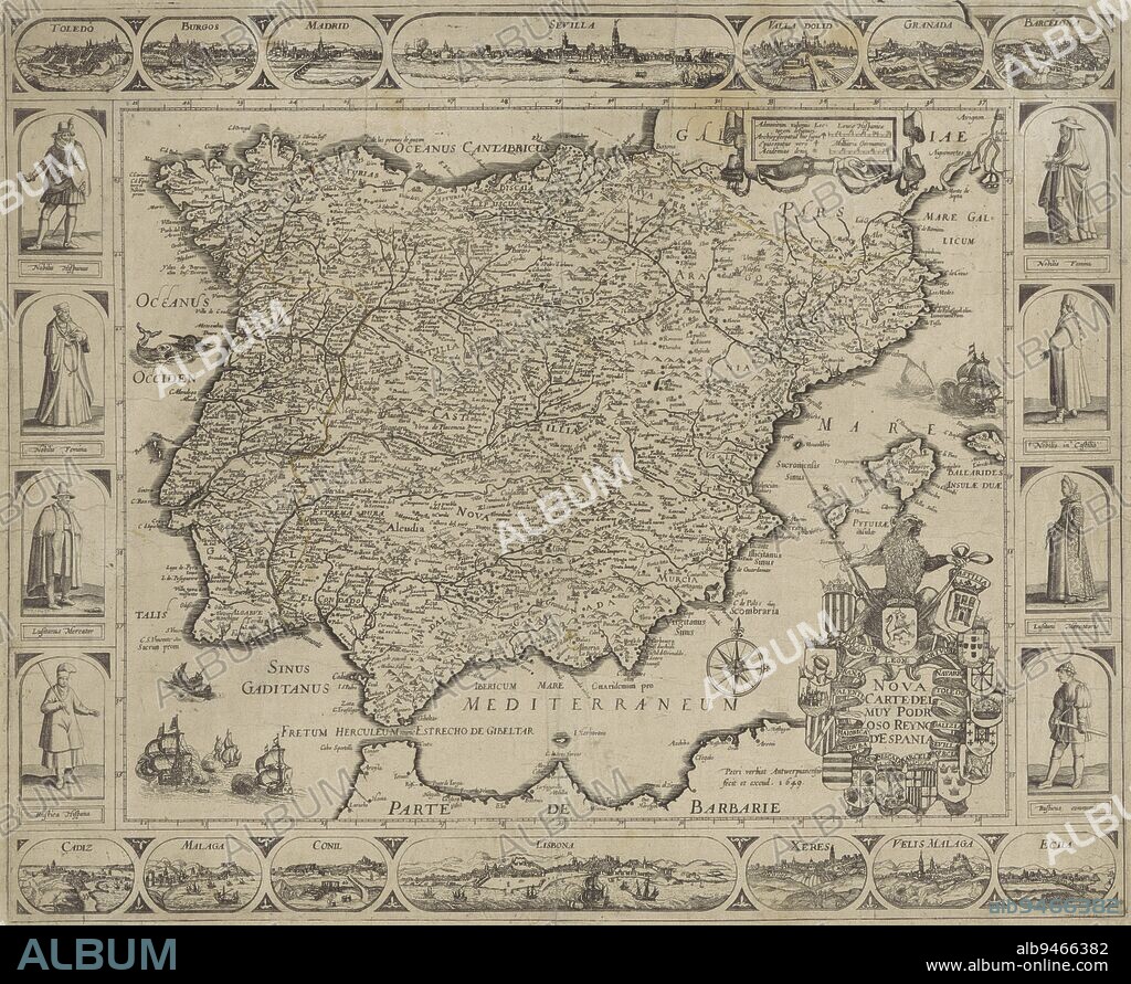Map of Spain and Portugal, surrounded by a border of views of various Spanish cities and depictions of Spanish costumes. Bottom right coat of arms crowned with seated lion with sword, surrounded by the coats of arms of the various regions of Spain, Map of Spain and Portugal Nova Carte dei muy Podroso Reyno d'Espania , print maker: Pieter Verbiest (II), (mentioned on object), publisher: Pieter Verbiest (II), (mentioned on object), Antwerp, 1649, paper, etching, engraving, h 455 mm × w 653 mm.