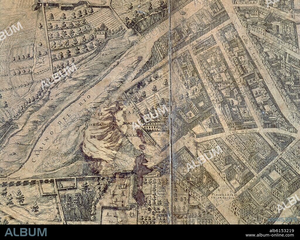 PEDRO TEIXEIRA (1592-1662) PEDRO TEXEIRA. EL CONVENTO DE DOÑA MARIA DE ARAGON EN EL PLANO DE PEDRO DE TEXEIRA - DETALLE DEL EMPLAZAMIENTO DEL SENADO - MADRID, 1656.