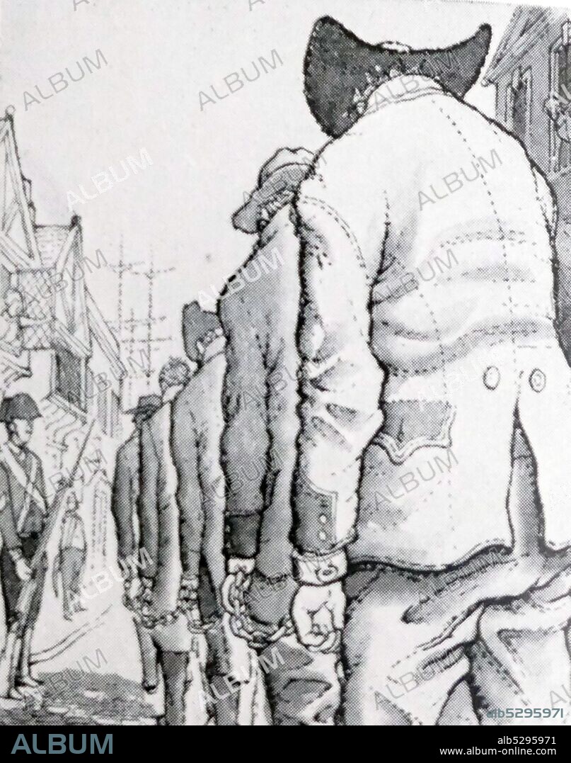 Illustration showing prisoners marching in chains towards a prison ship, or prison hulk for deportation. This practice was most widespread in seventeenth and eighteenth century Britain.