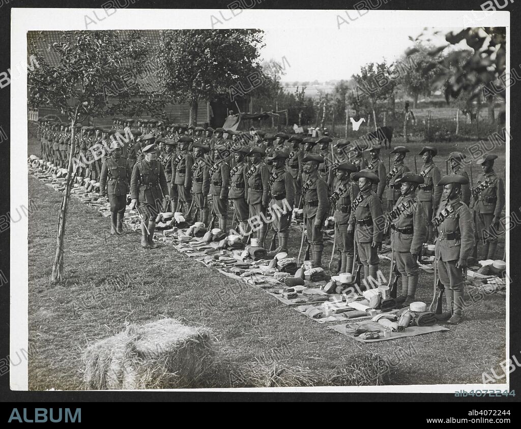 H. D GIRDWOOD. [1/4th] Gurkhas at kit inspection in [Le Sart,] Flanders, 24th July 1915. Record of the Indian Army in Europe during the First World War. 20th century, 24th July 1915. Gelatin silver prints. Source: Photo 24/(97).