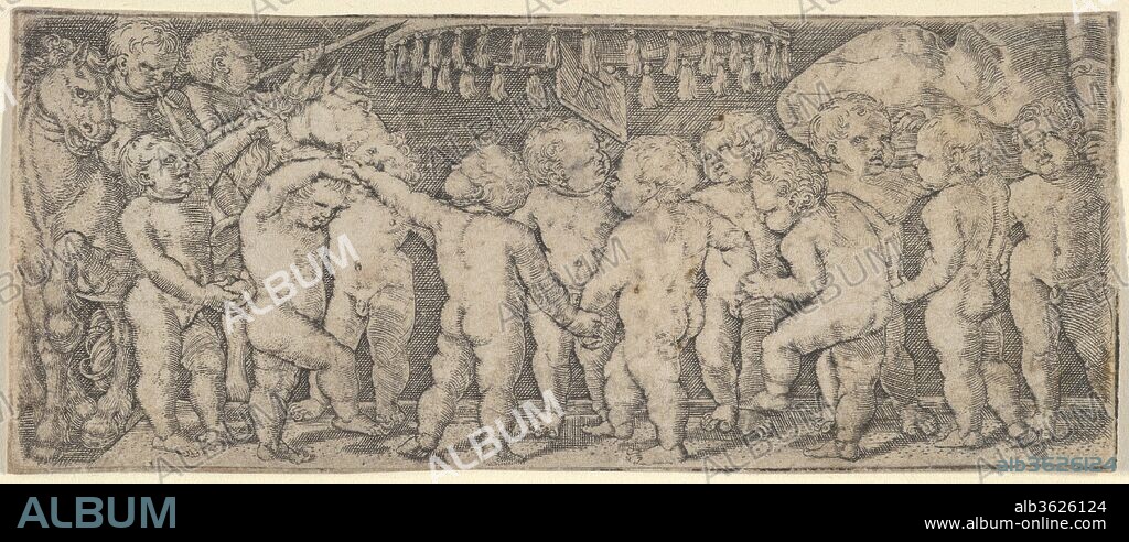 Nude Children Dancing Under a Canopy, with Two Horses on the Left and a Banner on the Right. Artist: Heinrich Aldegrever (German, Paderborn ca. 1502-1555/1561 Soest). Dimensions: Sheet: 1 11/16 × 4 1/8 in. (4.3 × 10.4 cm). Date: ca. 1532-33.