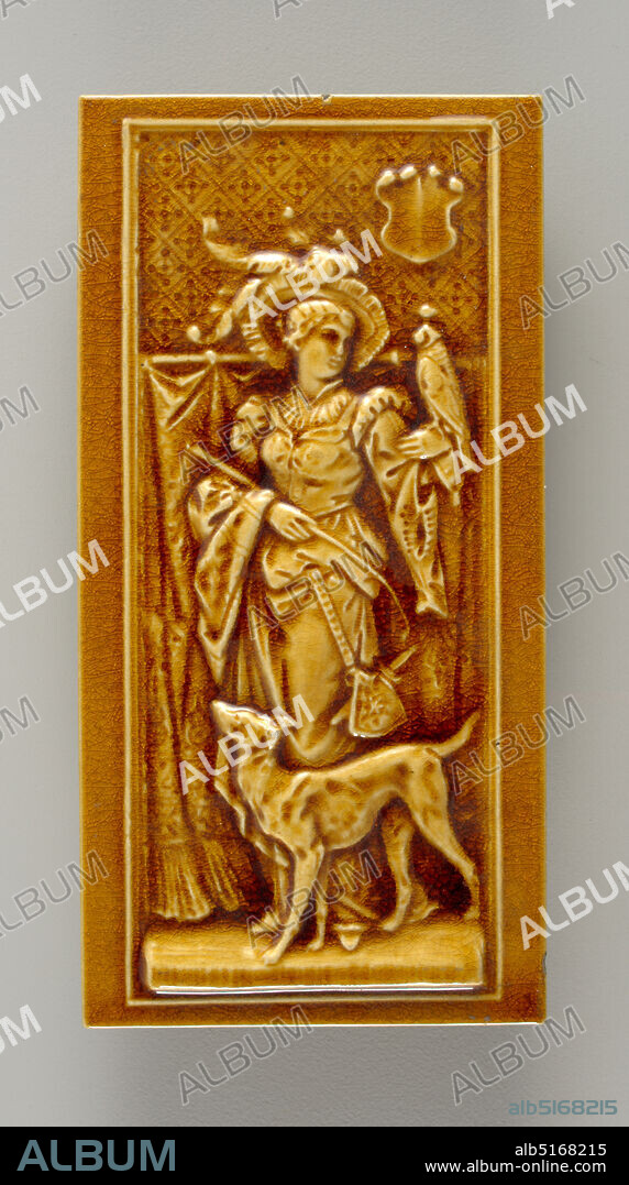 Tile, Hamilton Tile Works Co., founded 1884, A. Metzner, Molded, carved and glazed stoneware, Rectangular molded tile with high relief border surrounding female figure in Renaissance costume, holding falcon on arm and with hunting dog at feet.Figure stands before draped wall. Thick transparent ochre glaze creates highlights and shadows around relief details., Hamilton, Ohio, USA, 188396, tiles, Decorative Arts, Tile.