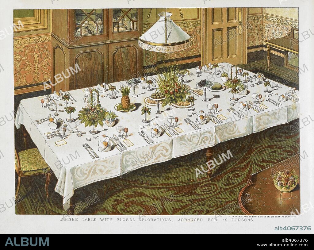 ISABELLA MARY BEETON. Dinner Table, with Floral Decorations, Arranged for 12 Persons. . The book of household management ... Entirely new edition, revised and corrected, with new coloured engravings. London : Ward, Lock, Bowden & Co., 1892. Source: 7942.dd.9. frontispiece.