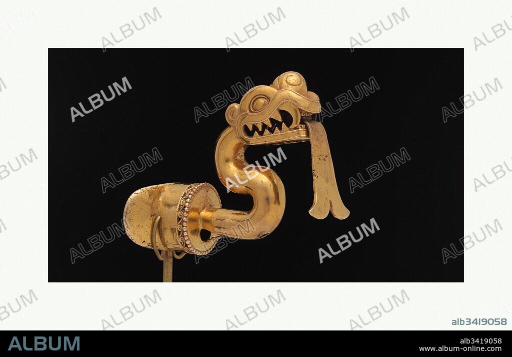 Serpent Labret with Articulated Tongue, 1300–1521, Mexico, Central Mexico, Aztec, Gold (app. 59.3-64.3% gold, 26.8-33.1% copper, 7.5-8.8% silver), H. 2 5/8 × W.1 3/4 × D. 2 5/8 in. (6.67 × 4.45 × 6.67 cm), Metal-Sculpture, Superbly crafted in the shape of a serpent ready to strike, this labret—a type of plug inserted through a piercing below the lower lip—is a rare survival of what was once a thriving tradition of gold-working in the Aztec Empire.