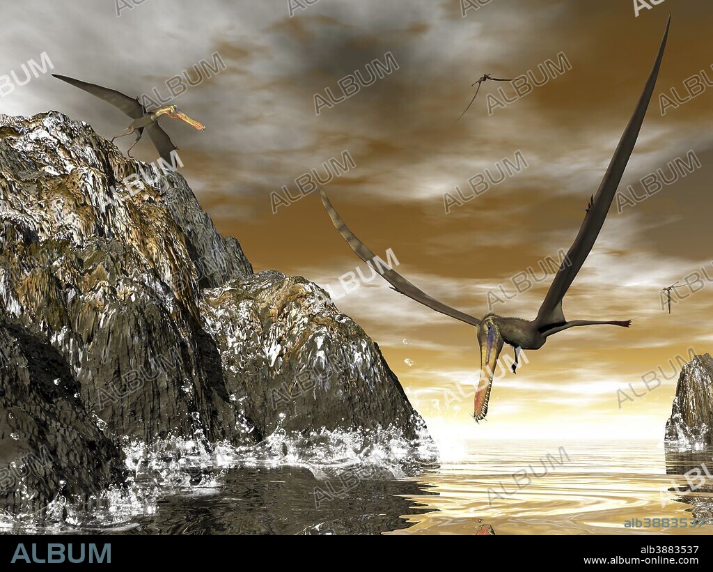 Anhanguera prehistoric birds fishing on the shoreline.