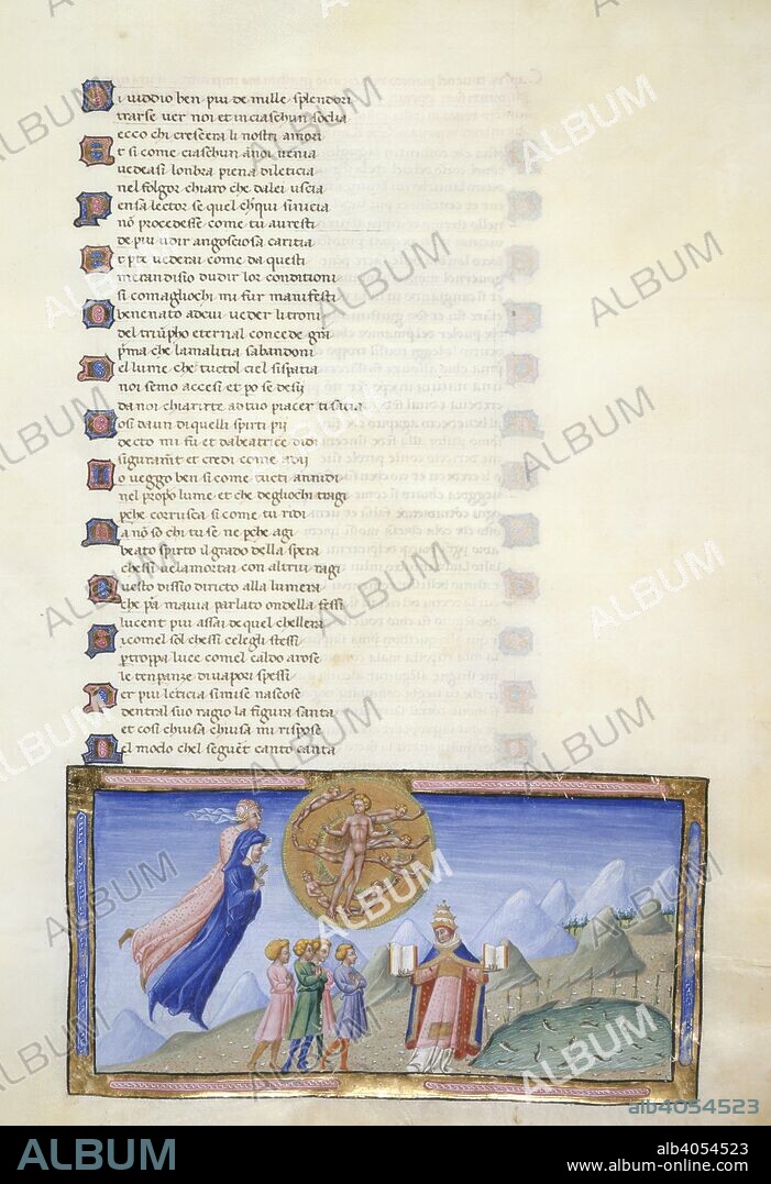 DANTE ALIGHIERI. Paradiso, Canto V. Miniature shows Dante and Beatrice leaving the Moon. They ascend to the Heaven of Mercury, a gold disc with Mercury in the centre, surrounded by seven heavenly intelligences. The four youths, as mankind, have guides to salvation in the New and Old Testaments and the Church, represented by a pope; a pool with leaping fish. Divine Comedy. Italy [Tuscany]; circa 1450. Source: Yates Thompson 36, f.138. Language: Italian.