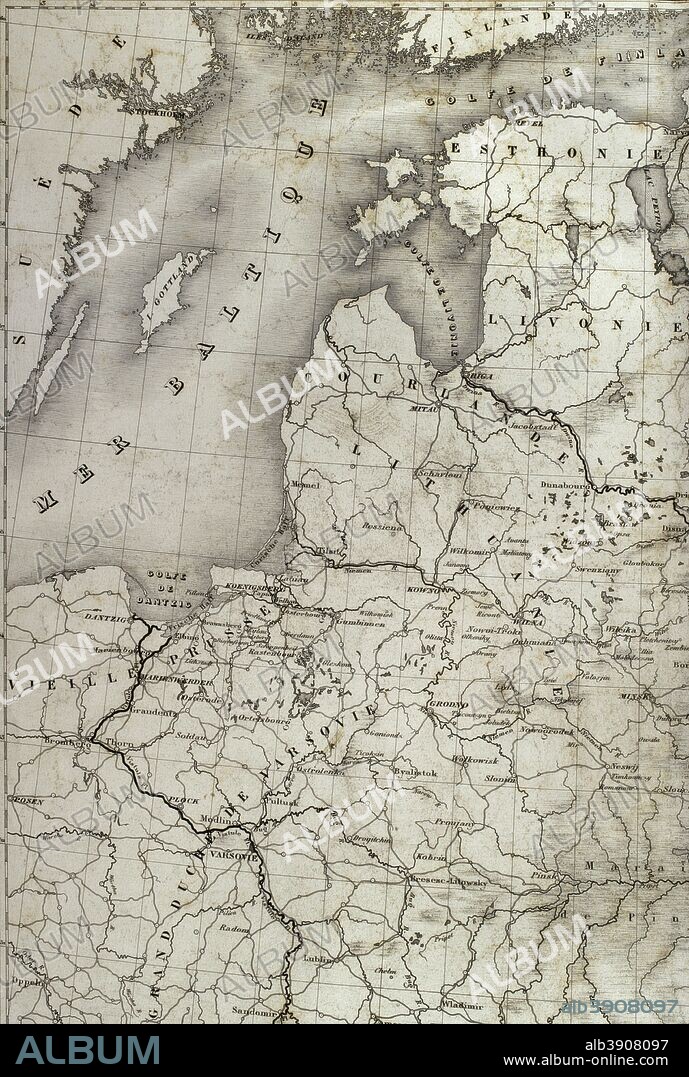 Mapa de la Rusia Europea. Detalle de la zona del Mar Báltico y el territorio del Gran Ducado de Varsovia. Historia del Consulado y del Imperio de Napoleón (Atlas de l'Histoire du Consulat et de l'Empire). Obra de Marie Joseph Louis Adolphe Thiers (1797-1877). Dibujos realizados por Dufour y grabados por Dyonnet. Editado en París, 1864. Biblioteca Histórico Militar de Barcelona. Cataluña, España.
