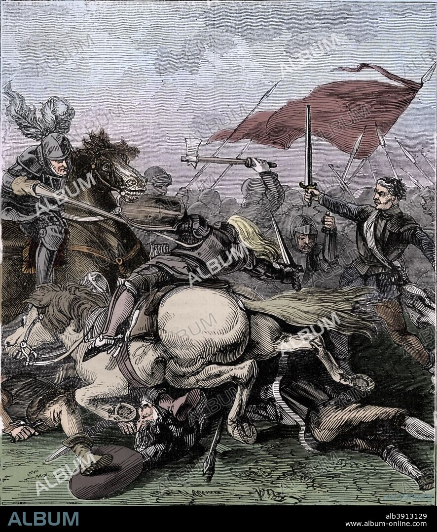 The Battle of Flodden or Flodden Field was a conflict between England and Scotland. The battle was fought in the county of Northumberland in northern England on 9 September 1513, between an English army commanded by the Earl of Surrey (1443-1524) and the invading Scots army under King James IV (1473-1513). The English were the victors and in terms of troop numbers, it was the largest battle fought between the two Kingdoms. James IV was killed in the battle and became the last monarch from the British Isles to die in battle. From a 'Pictorial Record of Remarkable Events in The History of the World', published by James Sangster and Co., c1910. (Colorised black and white print).