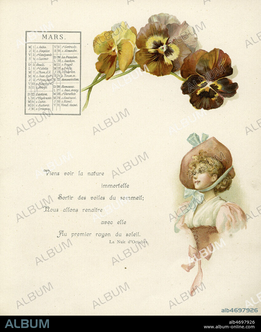 'Viens voir la nature immortelle sortir des voiles du sommeil'. Mois de Mars. Calendrier Alfred de Musset de 1899, poeme 'La nuit d'octobre'. Illustration anonyme. Credit : Collection IM/KHARBINE-TAPABOR.