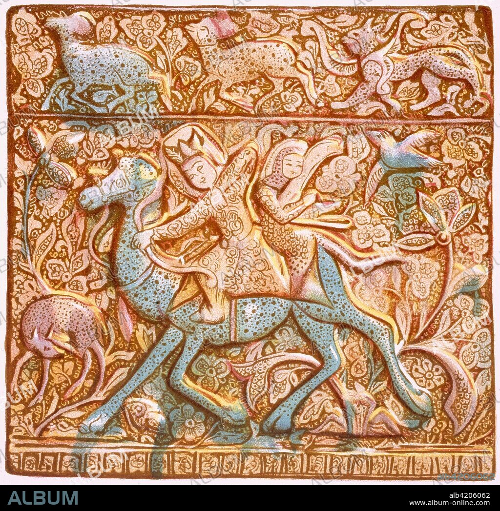 Persian lustred wall-tile: a mounted Sassanian archer; Pl 26. from the Godman Collection: Persian Ceramic Art in the Collection of Mr F Duane Godman FRS; 19th century (colour lithograph). Sassanid, Sasanid, Sasanian Empire (224 to 651 AD); last kingdom of the Persian Empire before the rise of Islam; leading world power along side its neighbouring rival the Roman-Byzantine Empire; a mounted Sassanian archer atop a camel with woman or child seated behind; possibly hunting rather than military scene due to surronding images of jungle and wildlife; amongst the ornate patterened foliage can be seen deer, sheep, a bird and a possible leopard.