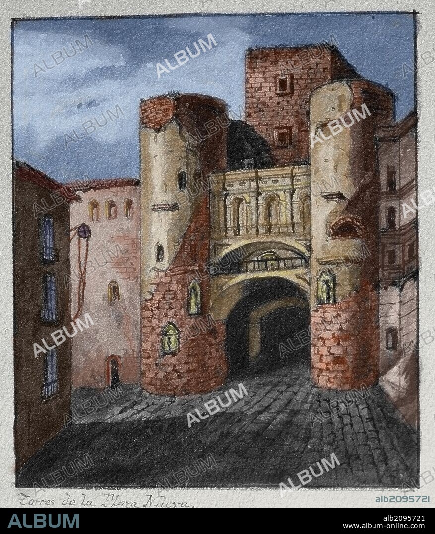 CIUDAD DE BARCELONA. "PUERTA PRAETORIA" actual "Portal del Bisbe", antigua puerta de acceso a la colonia romana "Iulia Augusta Faventia Paterna Barcino". La parte superior de la construcción data de época medieval, siglo XII. PLAZA NUEVA. BARCELONA. Cataluña. Grabado coloreado de la primera mitad del siglo XIX. Dibujo de G. Mosteyrin. Museo de Historia de la Ciudad. Barcelona. Cataluña.