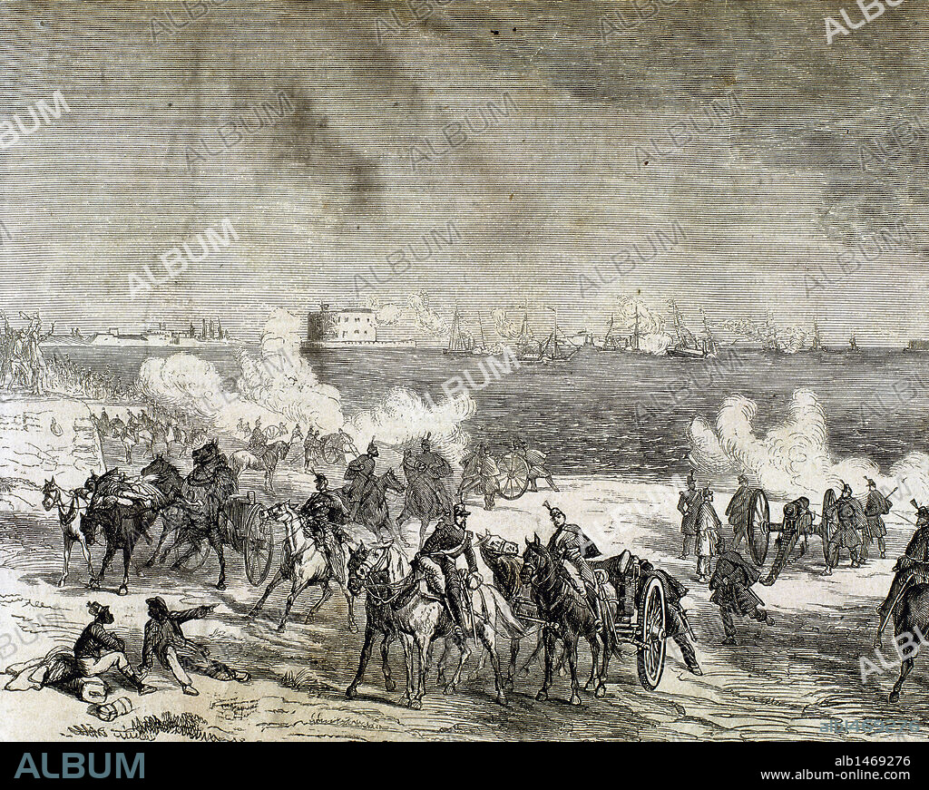 HISTORIA DE LOS ESTADOS UNIDOS DE AMERICA. GUERRA DE SECESION (1861-1865). Las baterías del ejército federal, desde la orilla del río James, dando la señal de aproximación del "Merrimac" y de dos vapores confederados. Grabado.
