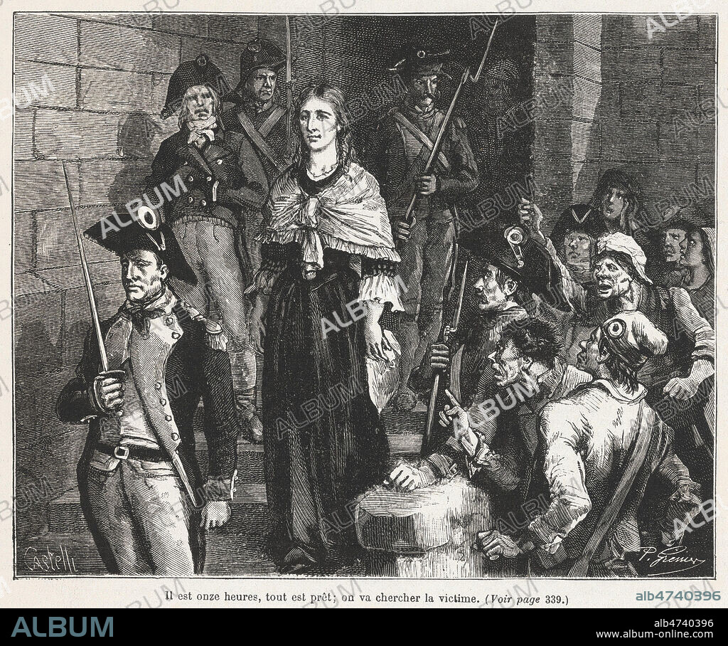 Il est onze heures, tout est pret ; on va chercher la victime (MARIE-ANTOINETTE (1755-1793) amenee a la guillotine). Illustration de Horace CASTELLI (1825-1889) pour Petit Capet par le vicompte Oscar de POLI (1838-1908) repris dans Les Veillees des Chaumieres du 25 aout 1886. Credit : Collection Jonas/Kharbine-Tapabor.
