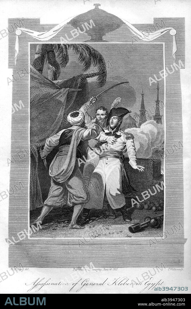 The assassination of General Kléber in Egypt, 1816. Jean Baptiste Kléber (1753-1800) was a French general during the French Revolutionary Wars. From The History of the War, from the Commencement of the French Revolution to the Present Time, volume I, by Hewson Clarke, published by T Kinnersley (London, 1816).