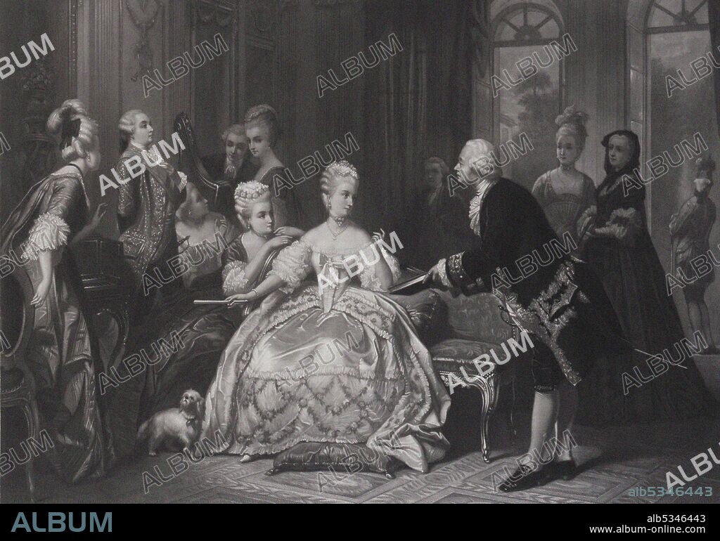 EDOUARD JEAN CONRAD HAMMAN. Christoph Willibald Gluck hands Queen Marie Antoinette the score of the opera "Iphigenie in Aulis" at Trianon.