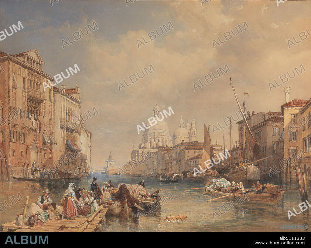 The Grand Canal, Venice, James Duffield Harding, 17981863, British, 1835, Watercolor, with pen in brown and blue ink, gouache and arabic gum over graphite on cream, moderately thick moderatelytextured, wove paper, stretched over solid wooden frame, glued onto surface of board, Sheet: 30 x 41 3/16 inches (76.2 x 104.6 cm) and Frame: 36 3/4 x 47 3/4 x 2 3/4 inches (93.3 x 121.3 x 7 cm), architectural subject, archways, balconies, baskets, blankets (coverings), boats, buildings, children, chimneys (architectural elements), clouds, dock, domes, hats, jars, marine art, men, oars, pier (marine landing), rope, sails, shutters, sky, water, windows, women, Venice.