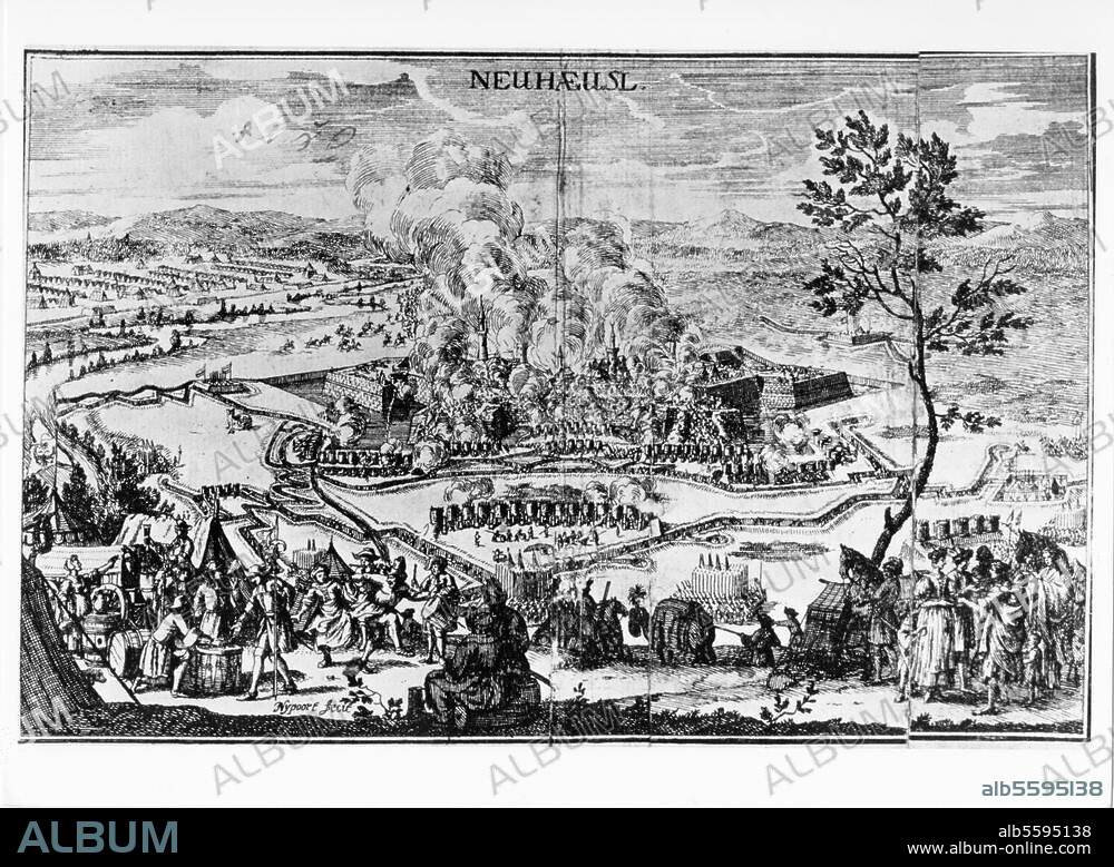 Großer Türkenkrieg 1683-99. Belagerung von Neuhäusel (Ersekujvar) in der Slowakei durch kaiserliche Truppen 1685. (ungar. Grenzfestung, 1663-1685 von den Türken besetzt). Zeitgen. Kupferstich von Justus van der Nypoort.