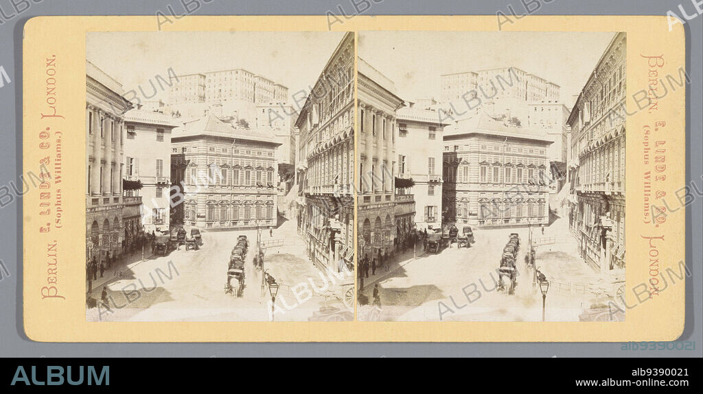 View of the Piazza Fontane Marose in Genoa, Alfredo Noack, anonymous (rejected attribution), Genua, Genua, publisher: Berlin, c. 1866, cardboard, albumen print, height 85 mm × width 170 mm.